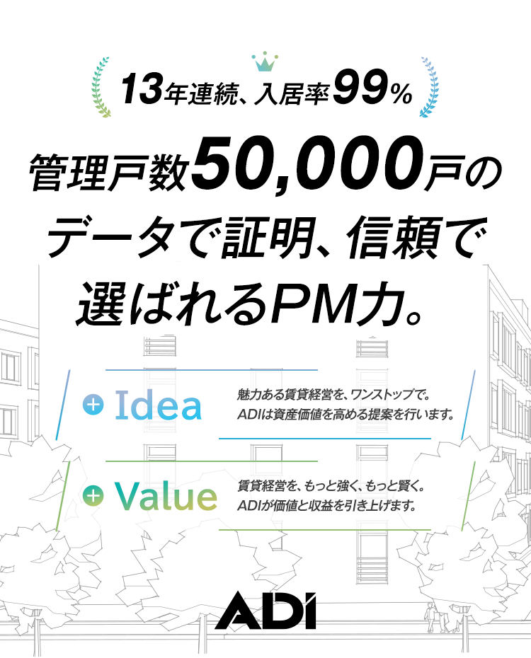13年連続、入居率99%　管理戸数50,000戸の実績。データで証明、信頼で選ばれるPM力。